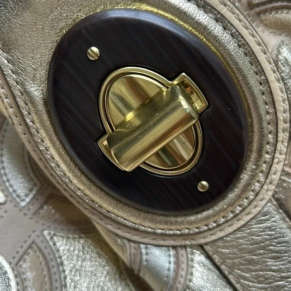 Coach Kristen Hobo Op Art Silver Gold Shoulder Bag Patchwork Beige Leather Purs - Picture 6 of 16